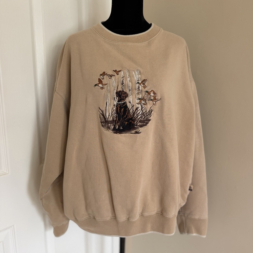 VTG Field Tested Hunting Dog Embroidered Crewneck Beige Outdoor Life (XL) Cabin